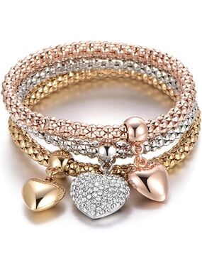 Tri-Tone Heart Charm Stackable Bracelet Set - Rose Gold, Gold & Silver